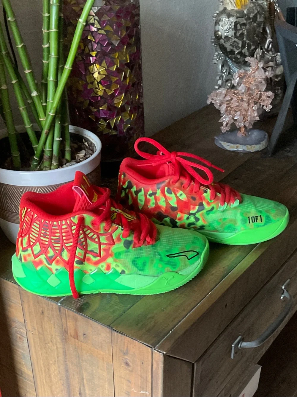 Puma LaMelo Ball Kids Neon Green and Red Athletic Sneakers